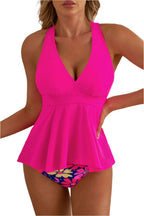 LuckeLadybug rose v neck tankini set with bright pink top and floral patterned bottoms
