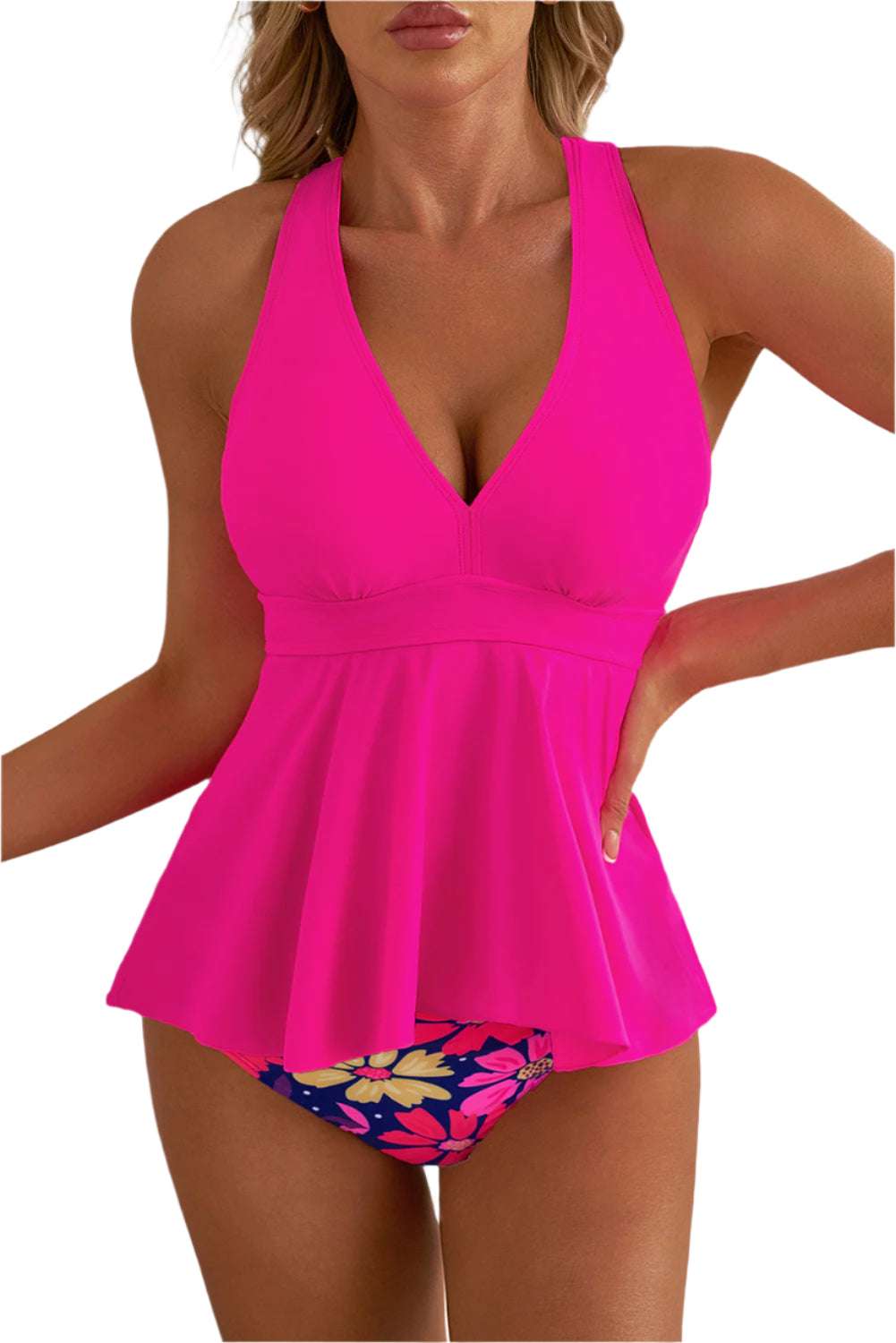 LuckeLadybug rose v neck tankini set with bright pink top and floral patterned bottoms