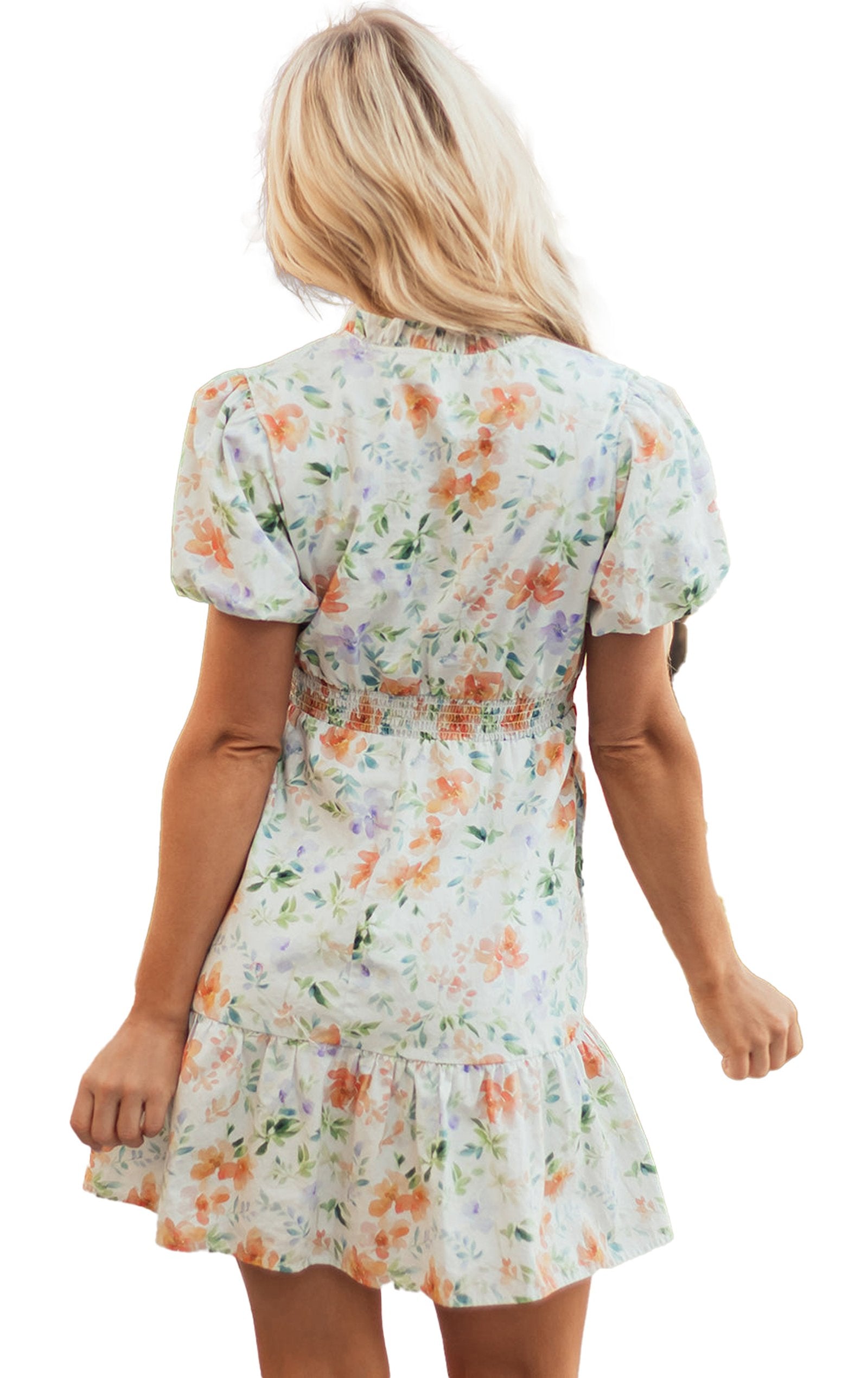 LuckeLadybug beige floral mini dress back view short puff sleeves ruffle hem elastic waist summer outfit