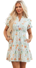 LuckeLadybug beige floral mini dress with smocked waist ruffled sleeves side pockets tiered hem