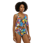 LuckeLadybug colorful ruffle bikini with a crop top and high-waisted bottom for summer beachwear