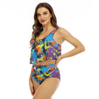 LuckeLadybug Ruffle Bikini in Colorful Tie Dye Design with Flowy Crop Top and High-Waisted Bottoms