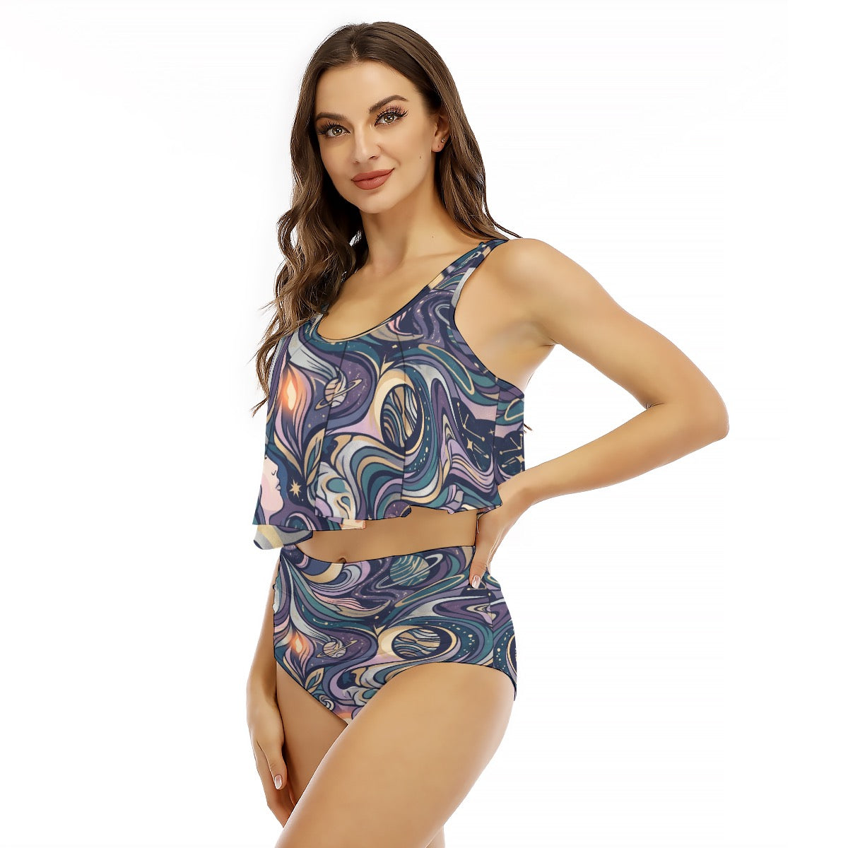 LuckeLadybug Ruffle Bikini with a Colorful Swirl Pattern and High-Waisted Design for a Stylish Beach Look