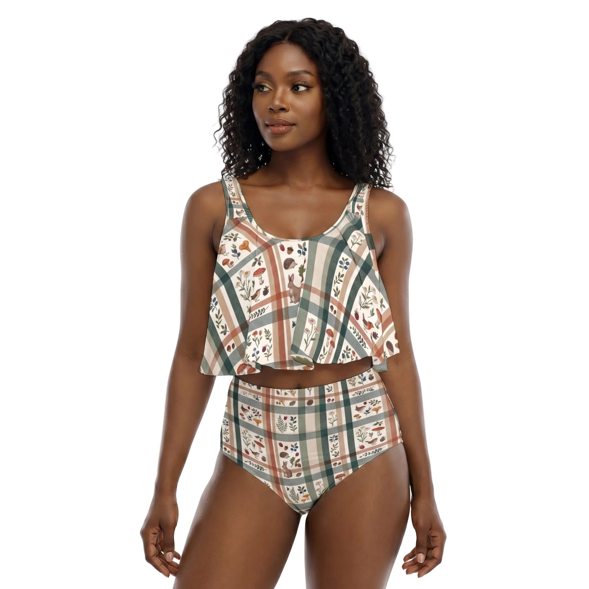 LuckeLadybug floral ruffle bikini with a trendy crop top and high-waisted bottom for stylish beachwear