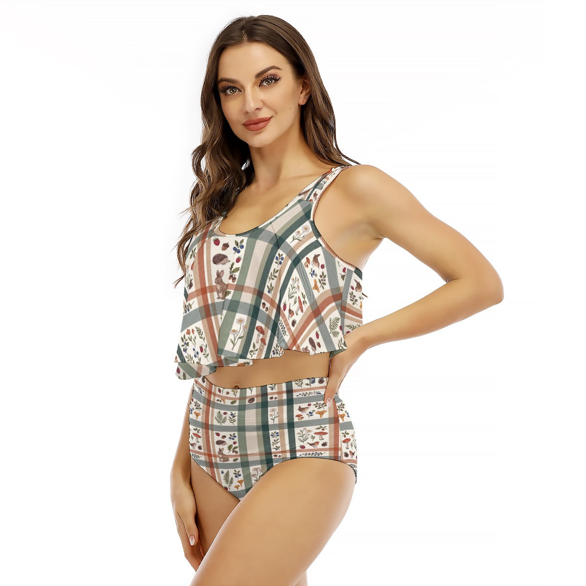 LuckeLadybug Ruffle Bikini with Floral Print and High-Waisted Bottom for Stylish Beachwear
