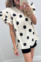 LuckeLadybug LLC Ruffle Frill Blouse in Cream with Black Polka Dots and Ruffled Sleeves