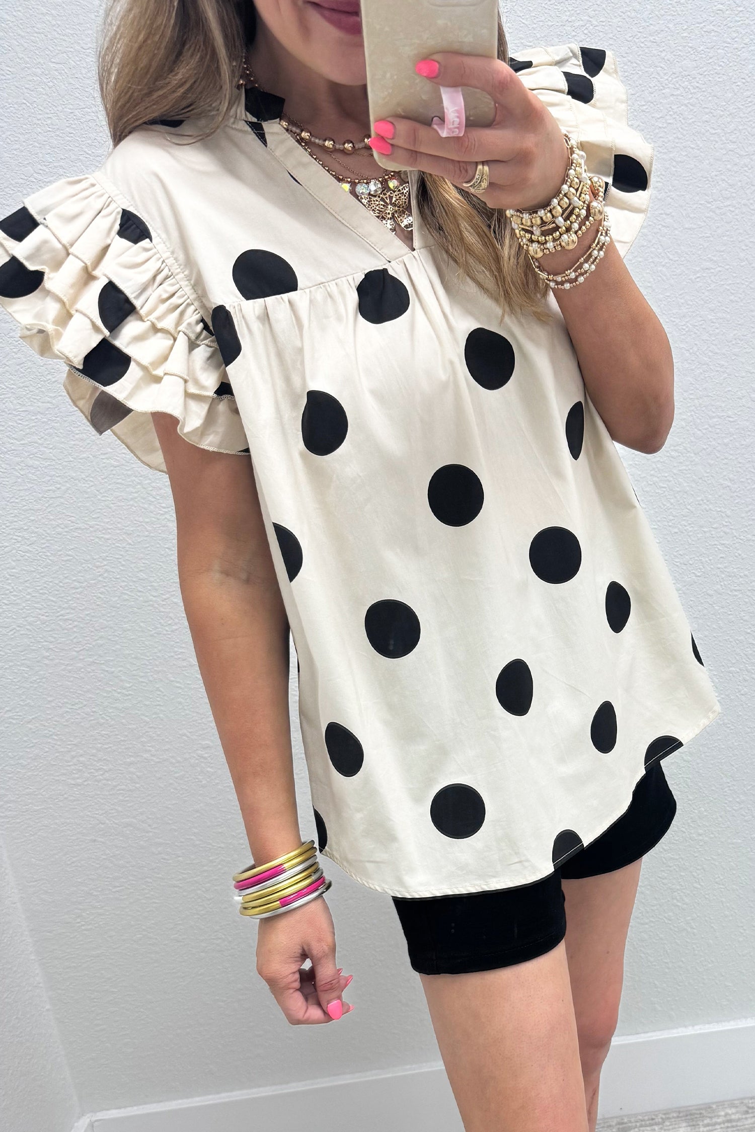 LuckeLadybug LLC Ruffle Frill Blouse in Cream with Black Polka Dots and Ruffled Sleeves