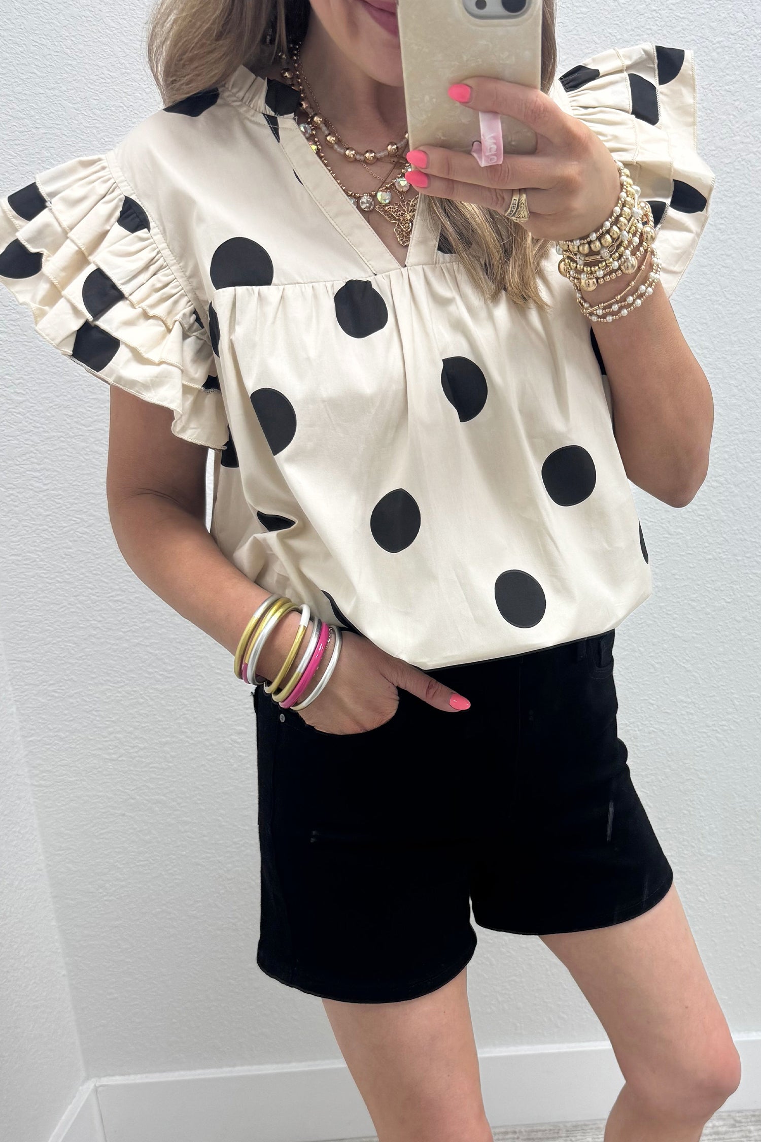 LuckeLadybug LLC Ruffle Frill Blouse in Cream with Black Polka Dots for a Trendy Look