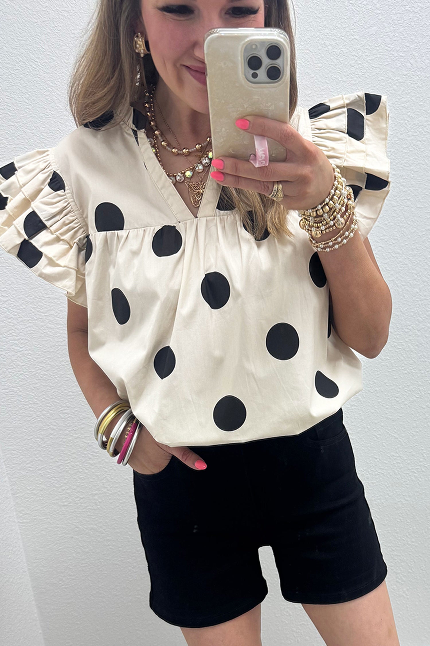 LuckeLadybug LLC Ruffle Frill Blouse in Cream with Black Polka Dots and Puff Sleeves