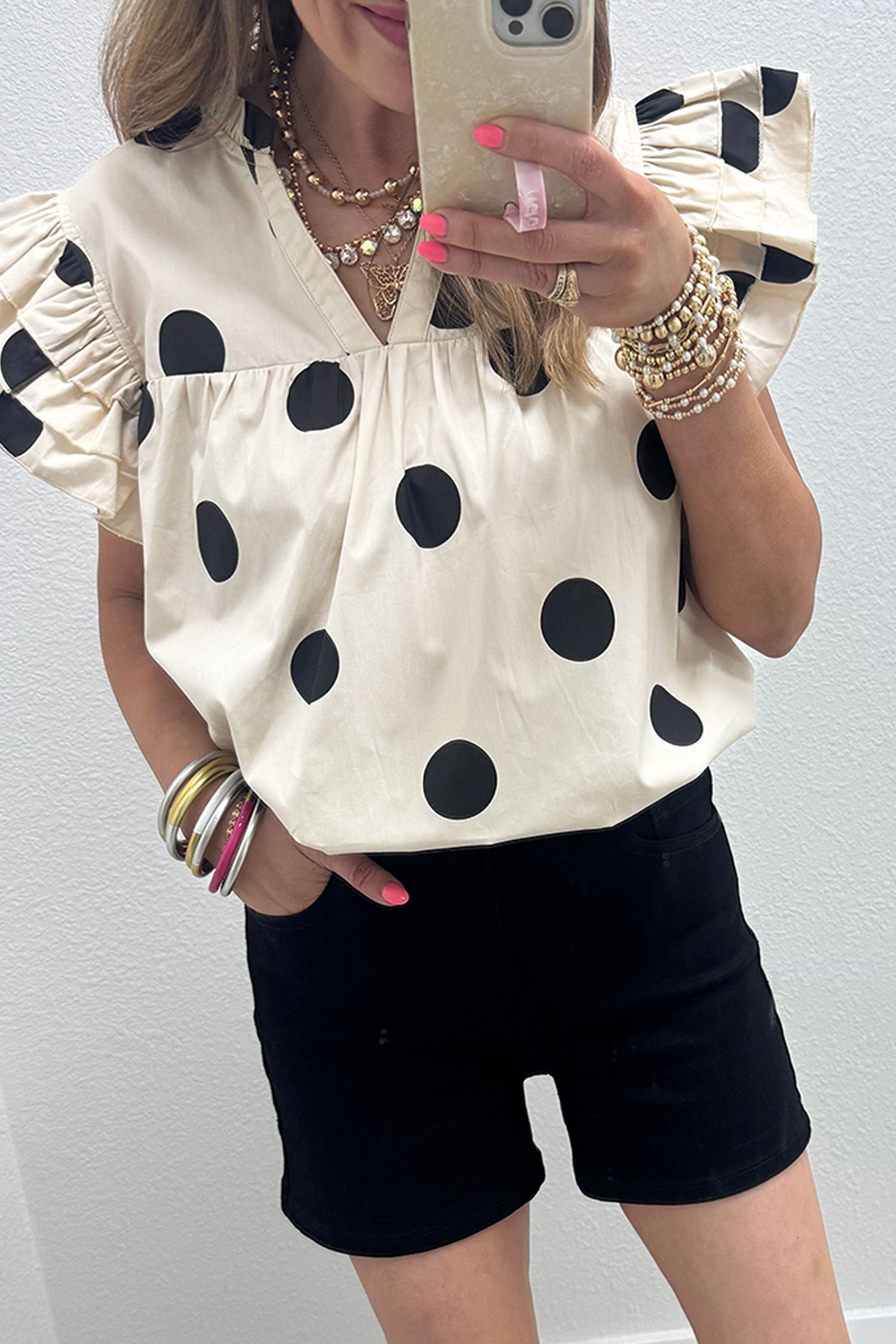 LuckeLadybug LLC Ruffle Frill Blouse in cream with black polka dots and puff sleeves