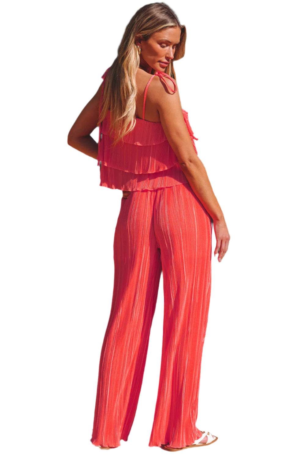 Dear-Lover Dropshipping ruffle tiered cami pants set in bright coral with pleated wide-leg pants by the pool