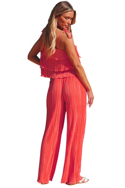 Dear-Lover Dropshipping ruffle tiered cami pants set in bright coral with pleated wide-leg pants by the pool