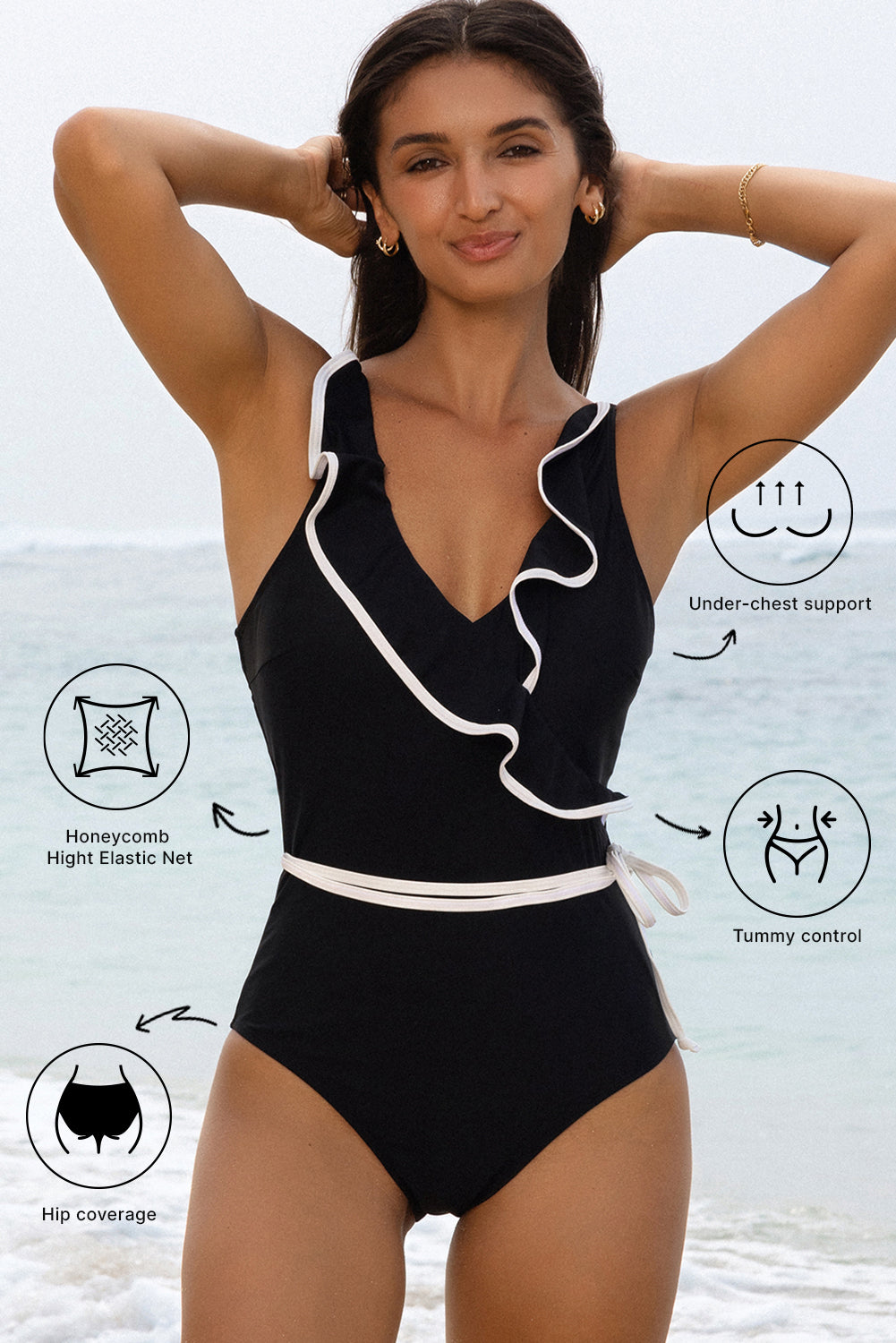 Black ruffled swimsuit by LuckeLadybug LLC with stylish design and tummy control features