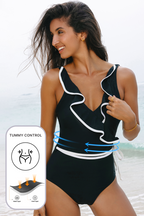 LuckeLadybug ruffled swimsuit in black featuring tummy control and elegant ruffle detail