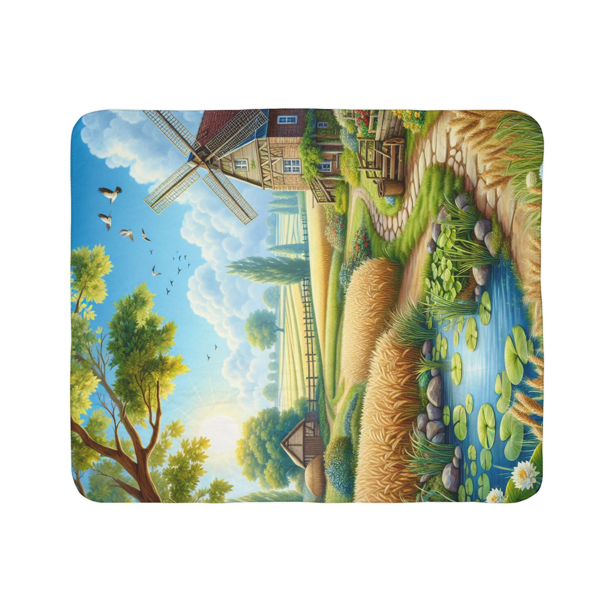 LuckeLadybug sherpa blanket featuring a scenic rustic farmhouse throw blanket design with windmill and countryside