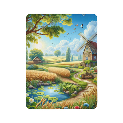 LuckeLadybug Sherpa Blanket with scenic rustic farmhouse throw blanket design featuring a windmill and pond