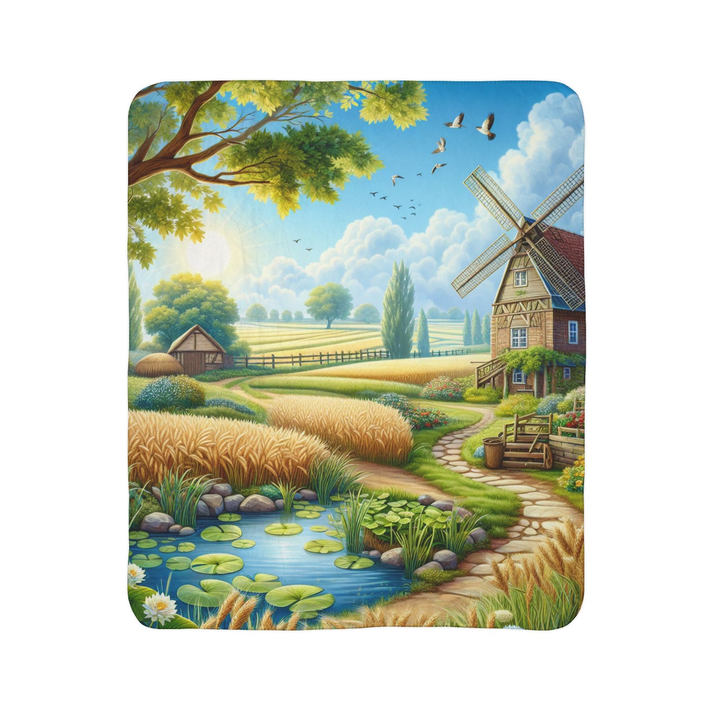 LuckeLadybug sherpa blanket featuring a rustic farmhouse throw blanket design with windmill and countryside scenery