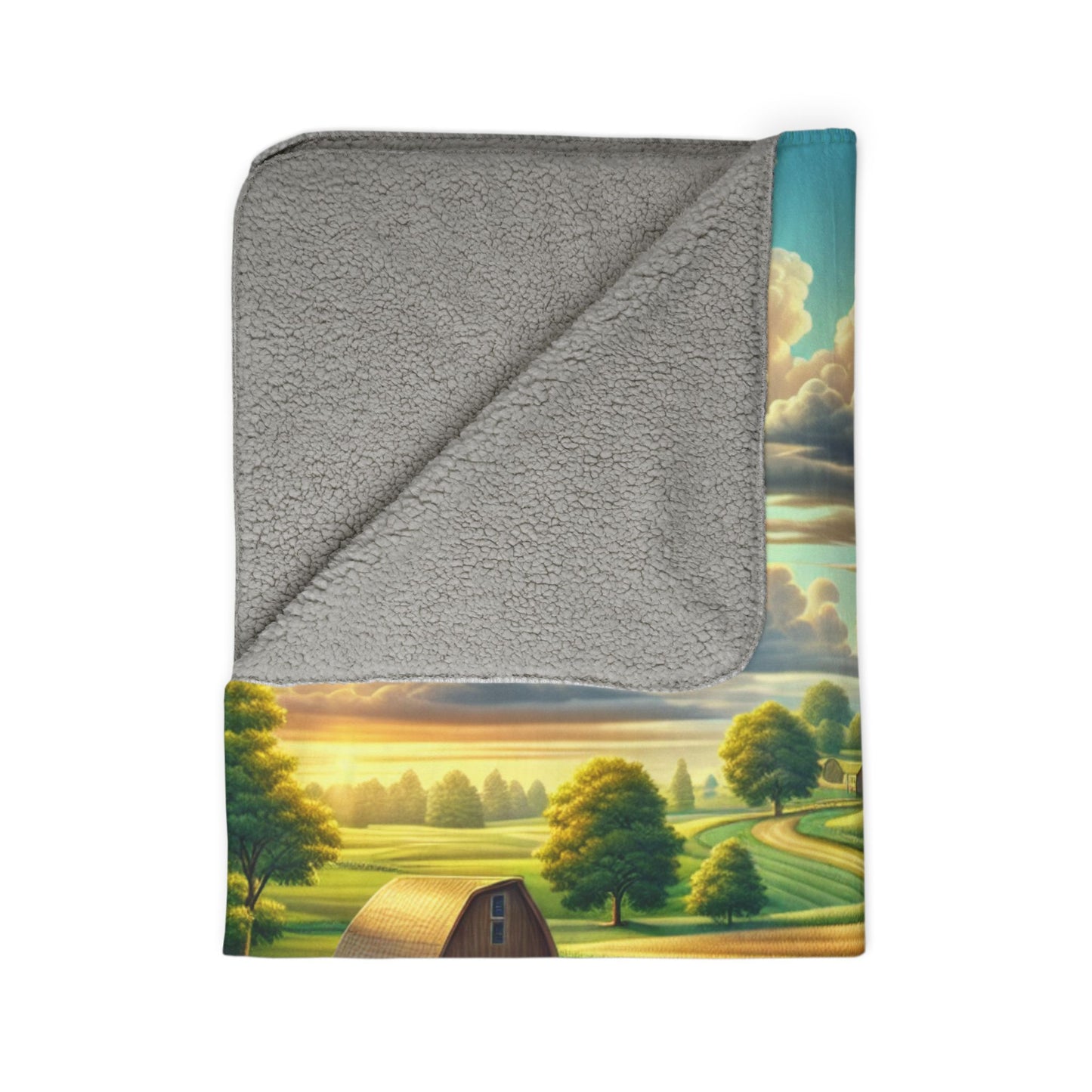 LuckeLadybug sherpa blanket with cozy gray fleece and scenic farm landscape rustic home decor throw