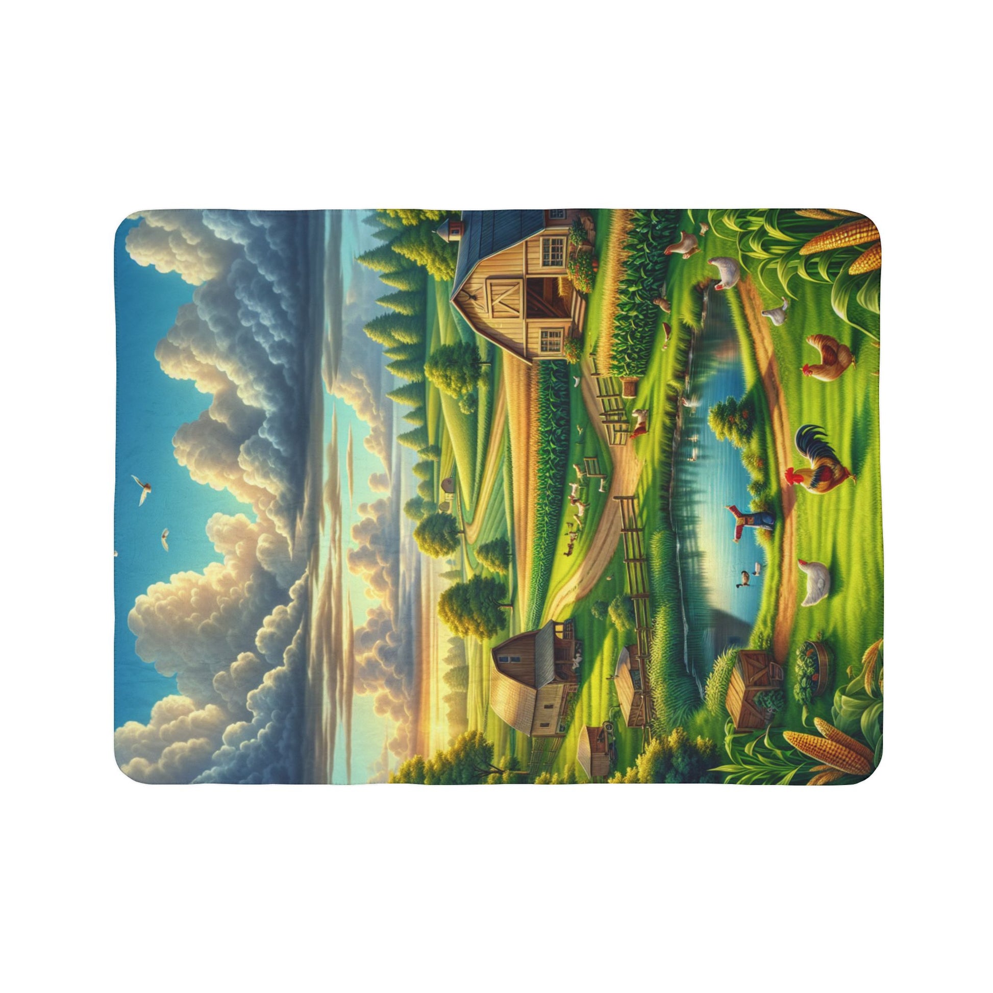 LuckeLadybug sherpa blanket featuring a vibrant farm scene perfect for rustic home decor throw