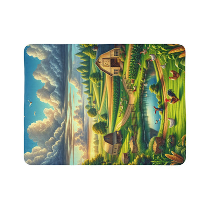 LuckeLadybug sherpa blanket featuring a vibrant farm scene perfect for rustic home decor throw