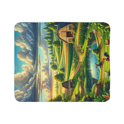 LuckeLadybug Sherpa blanket featuring a colorful farm landscape design rustic home decor throw