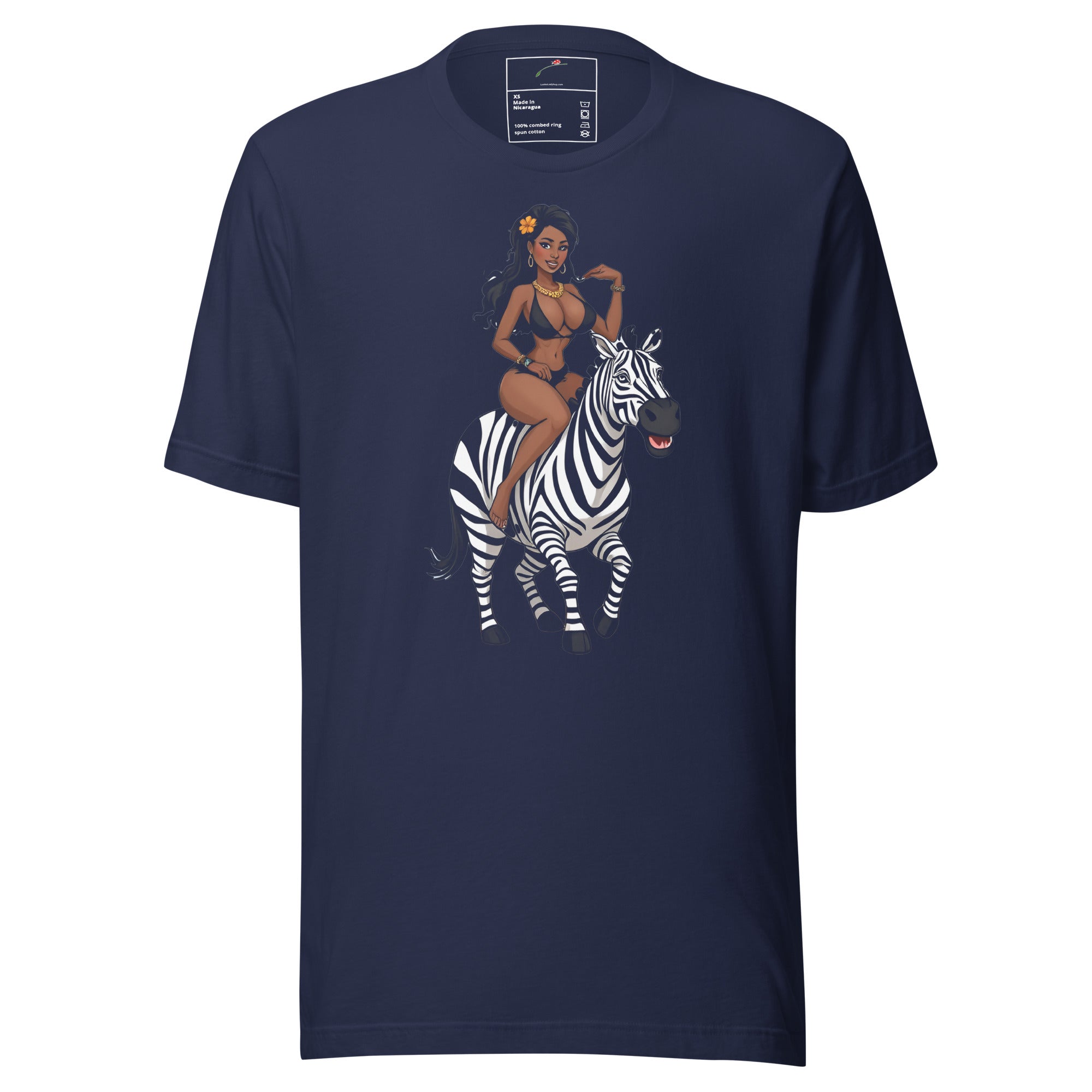 Navy LuckeLadybug safari vibes zebra artwork tee featuring woman riding a zebra graphic design