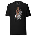 Black T-shirt featuring Safari Vibes Zebra Artwork Tee with woman riding a zebra graphic