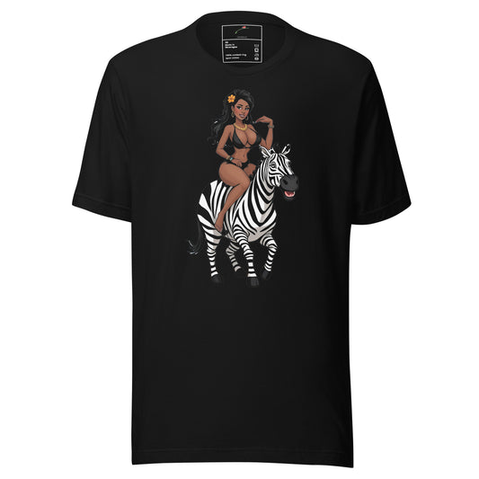 Black T-shirt featuring Safari Vibes Zebra Artwork Tee with woman riding a zebra graphic