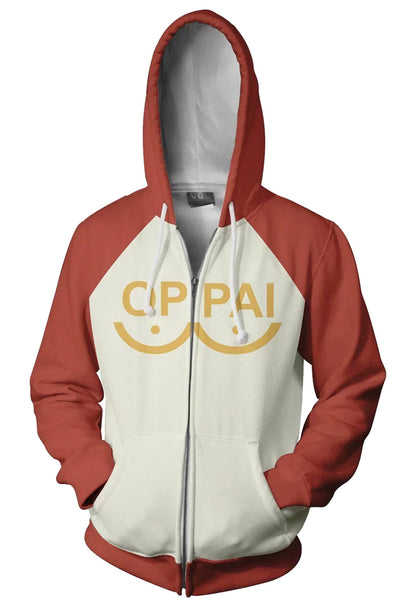 Saitama cosplay hoodie featuring a red and white design with a unique graphic for fans
