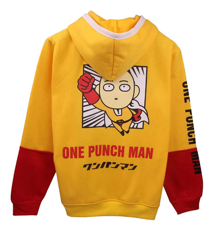Saitama cosplay hoodie from LuckeLadybug LLC featuring a vibrant yellow design and One Punch Man graphics