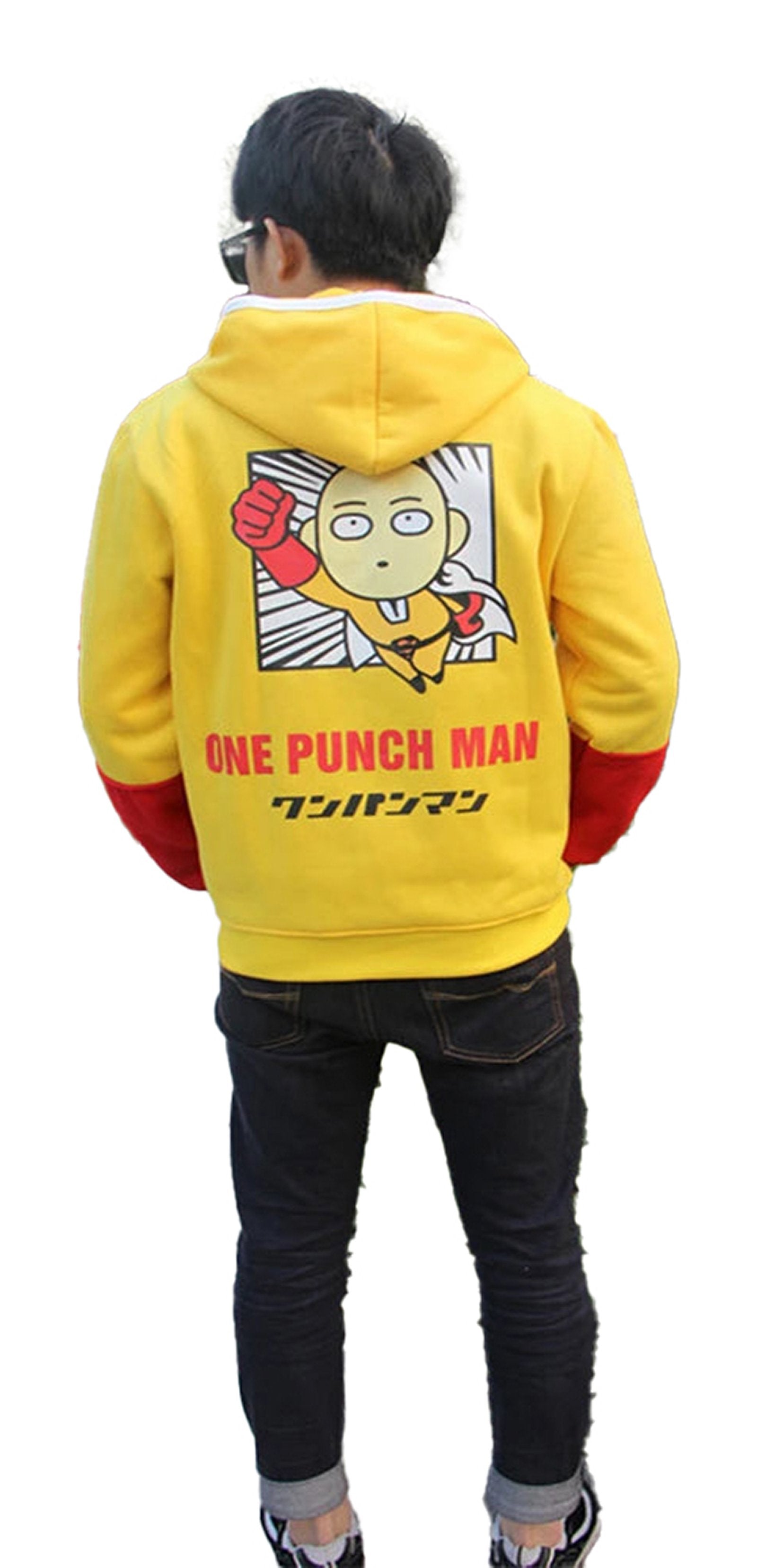 Saitama cosplay hoodie featuring bold graphic from One Punch Man on back and vibrant yellow color
