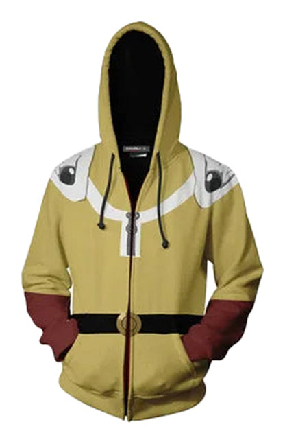Saitama cosplay hoodie featuring a zip-up design with iconic character details for fans