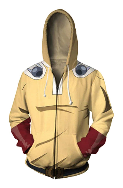 Saitama cosplay hoodie with detailed facial design and character colors for anime fans