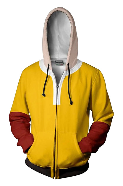 Saitama cosplay hoodie from LuckeLadybug LLC featuring a vibrant yellow design with red sleeves