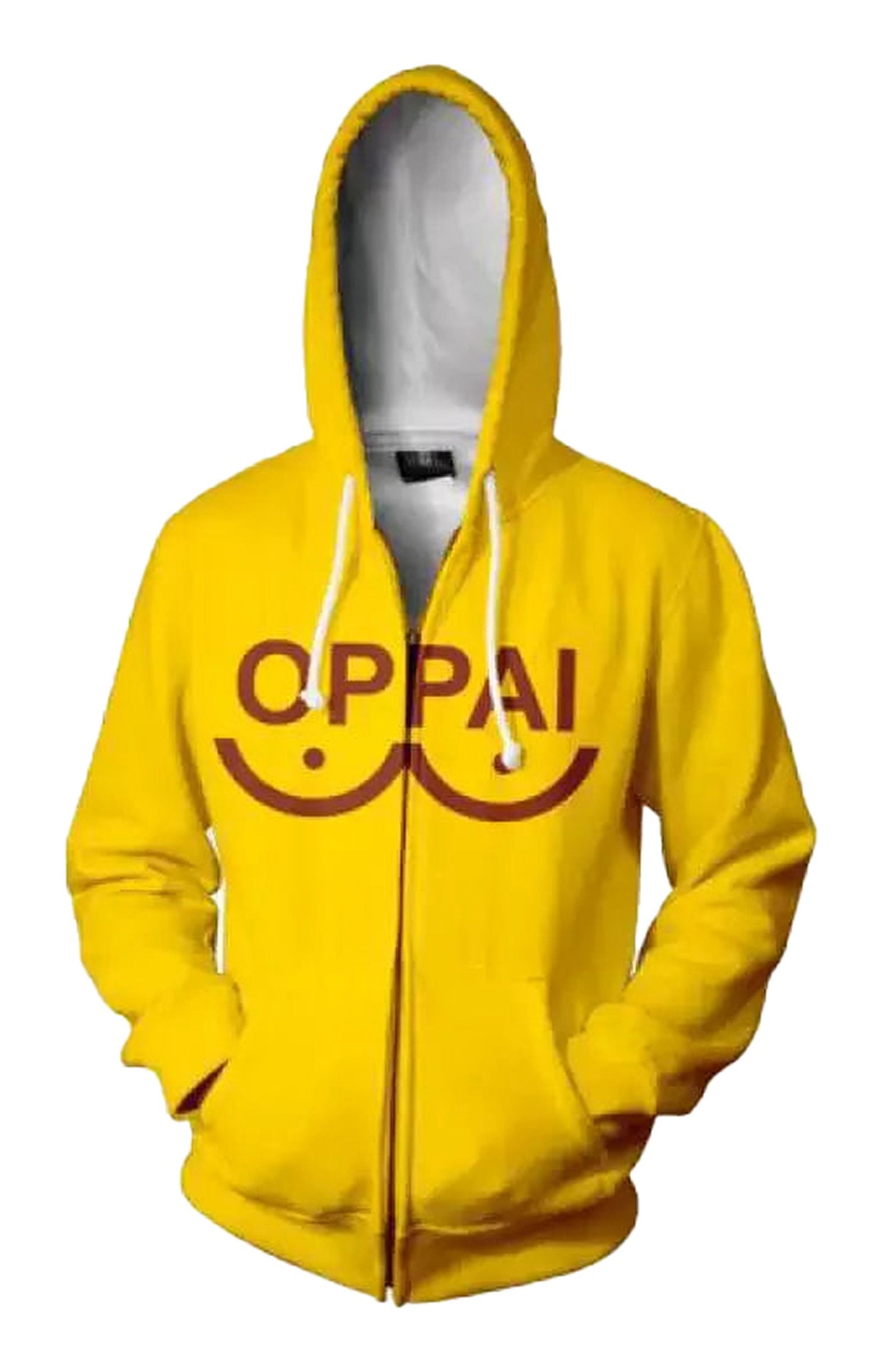 Bright yellow Saitama cosplay hoodie with OPPAI graphic design, ideal for anime fans