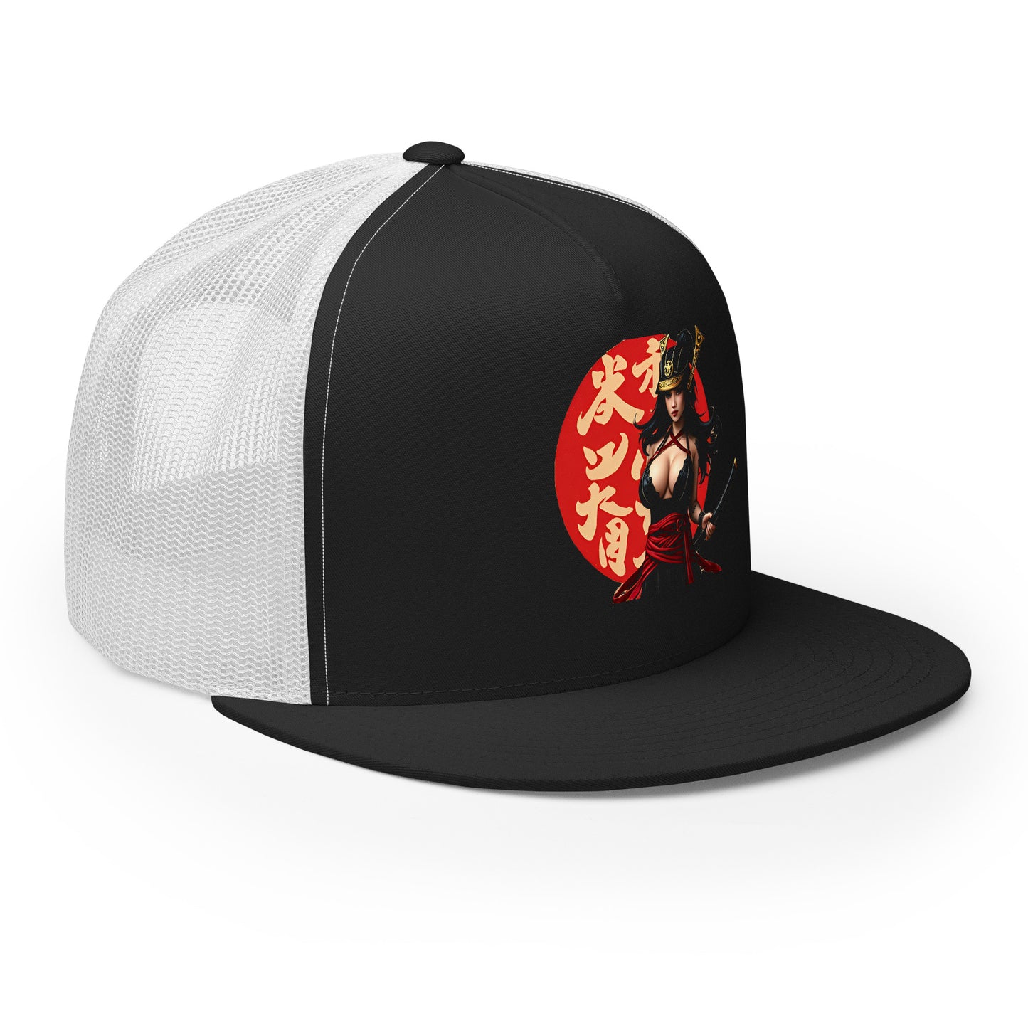 LuckeLadybug samurai trucker hat black front with white mesh back and red samurai graphic