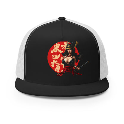 LuckeLadybug samurai trucker hat with black front panel, white mesh back, and red samurai graphic design