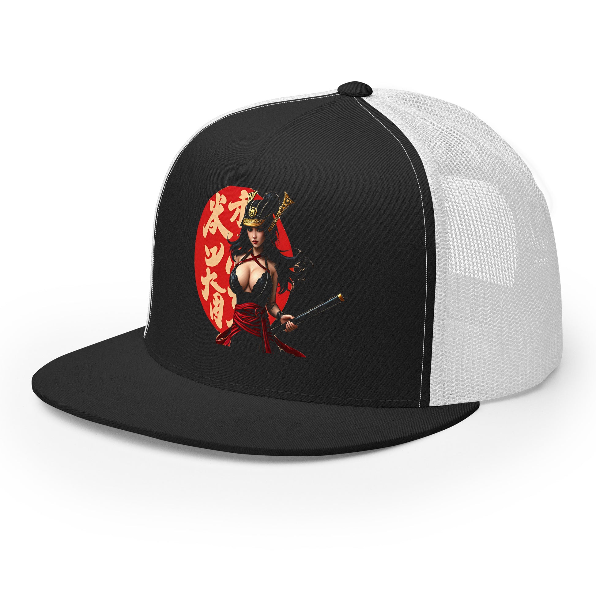 LuckeLadybug samurai trucker hat with black front and white mesh back featuring an anime samurai woman design