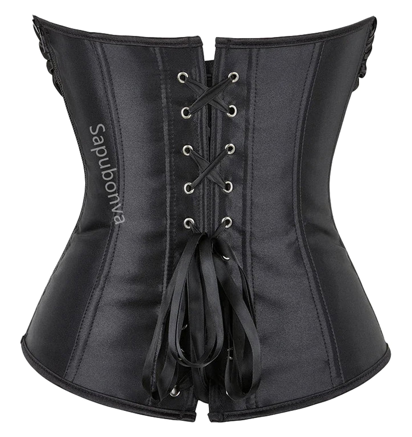 Black plus size corset top for women with a lace-up back and adjustable ribbons