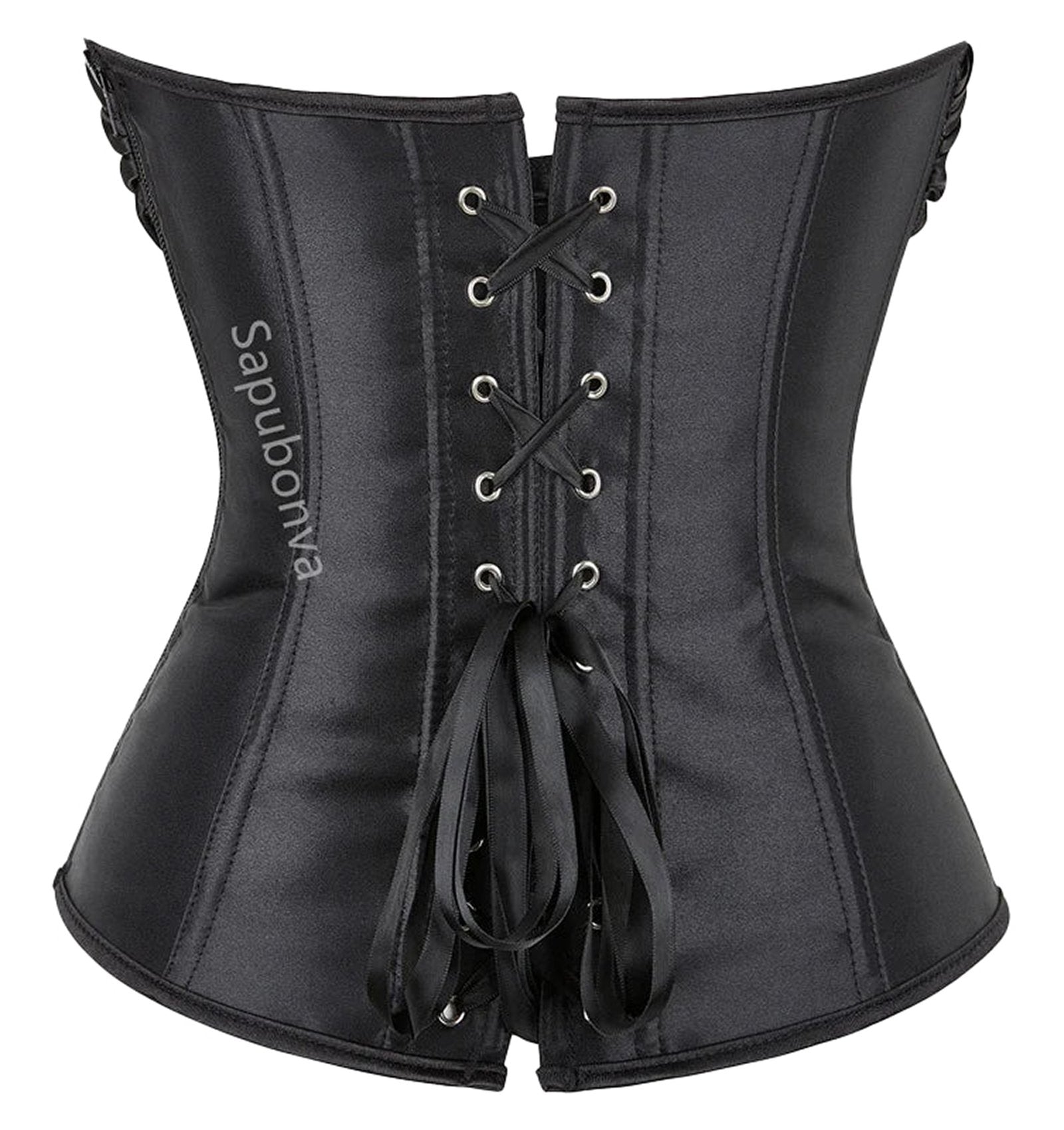 Black plus size corset top for women with a lace-up back and adjustable ribbons
