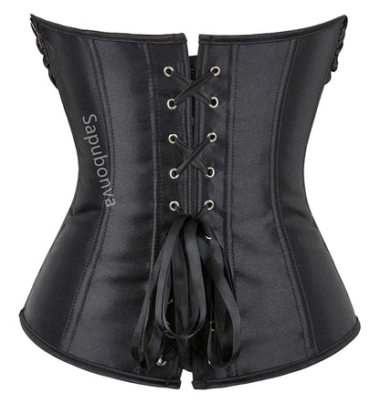 Black plus size corset top for women with a lace-up back and adjustable ribbons