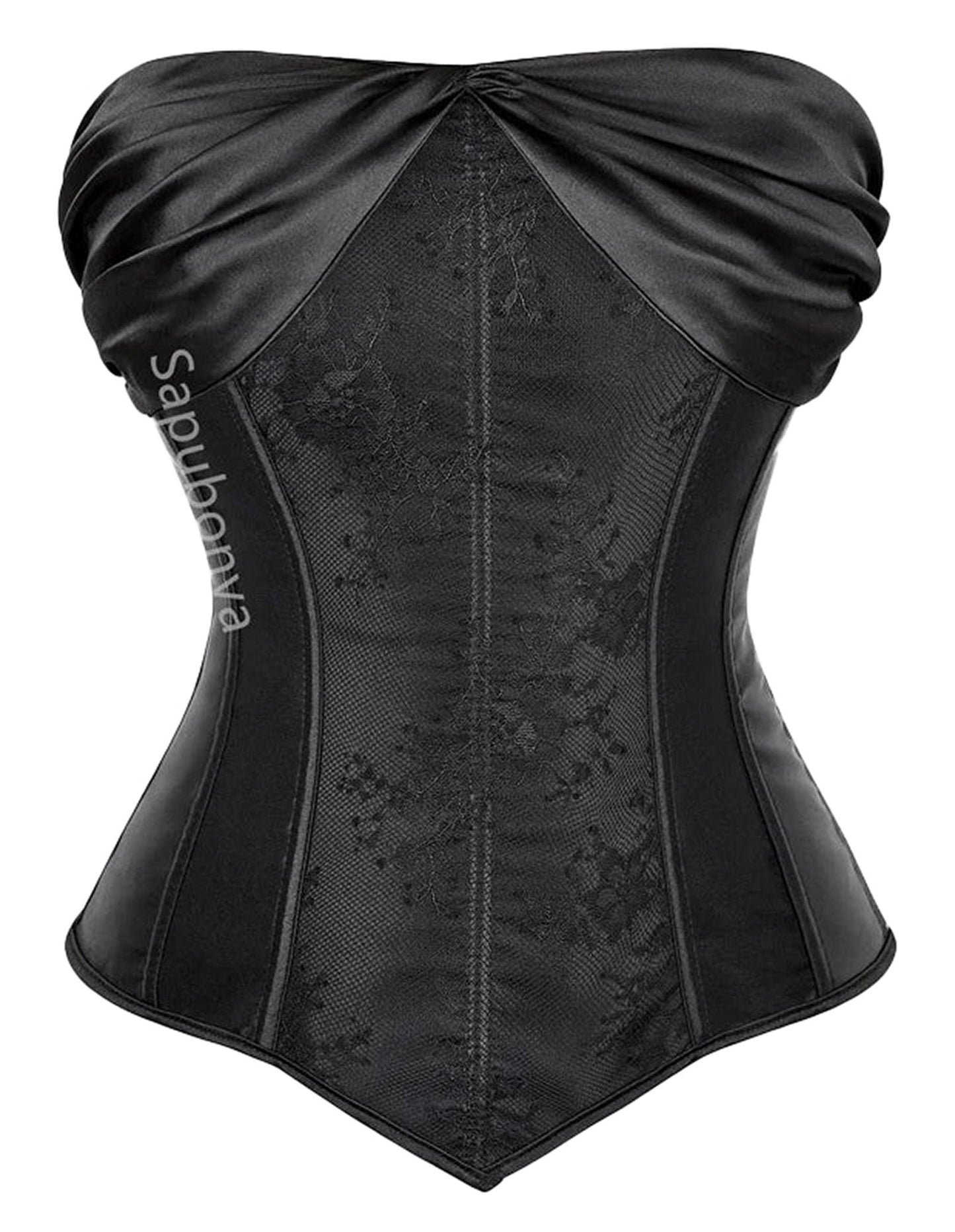 Elegant black plus size corset top for women with a stylish strapless design and textured fabric