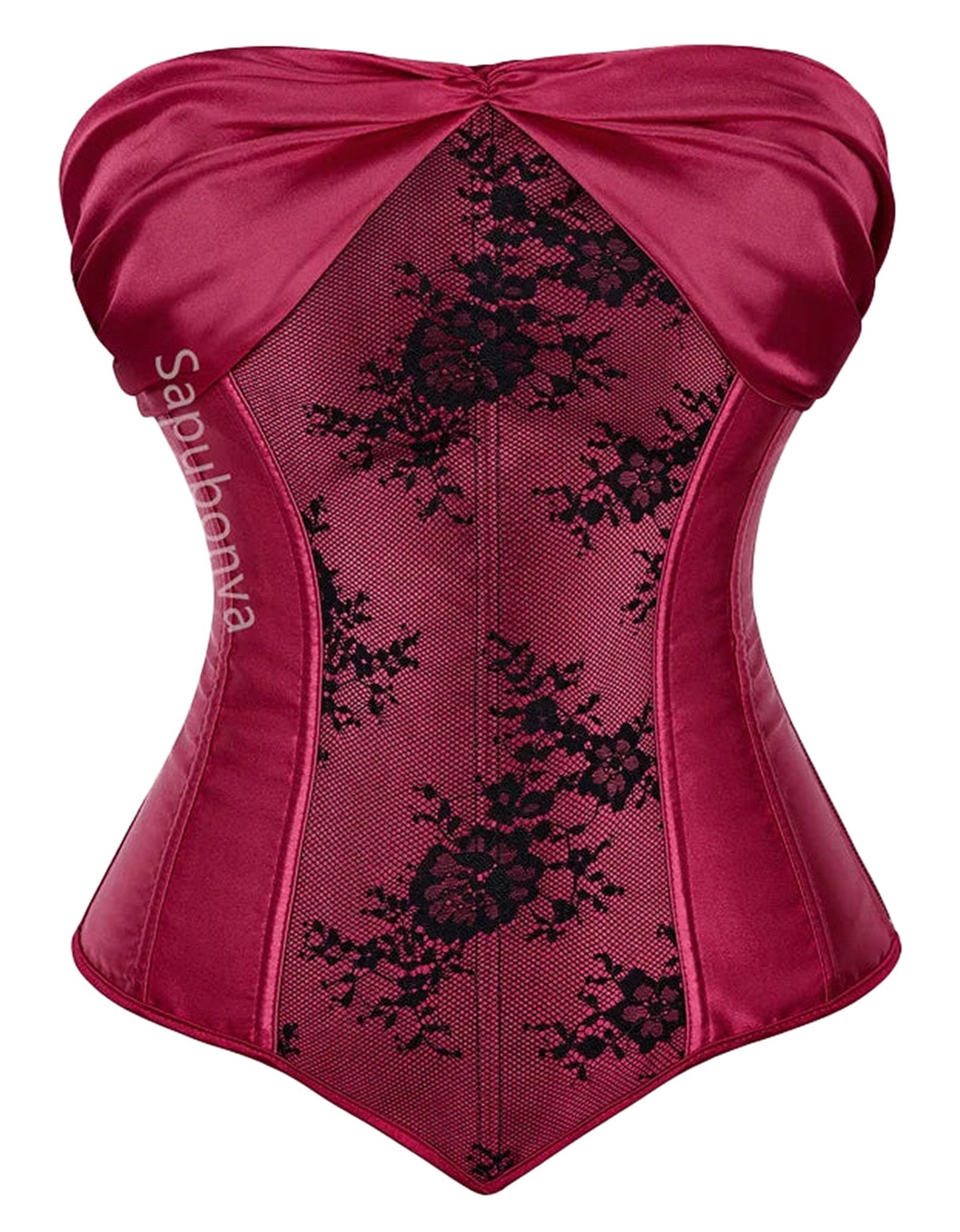 Elegant LuckeLadybug plus size corset top for women in burgundy satin with floral lace detailing