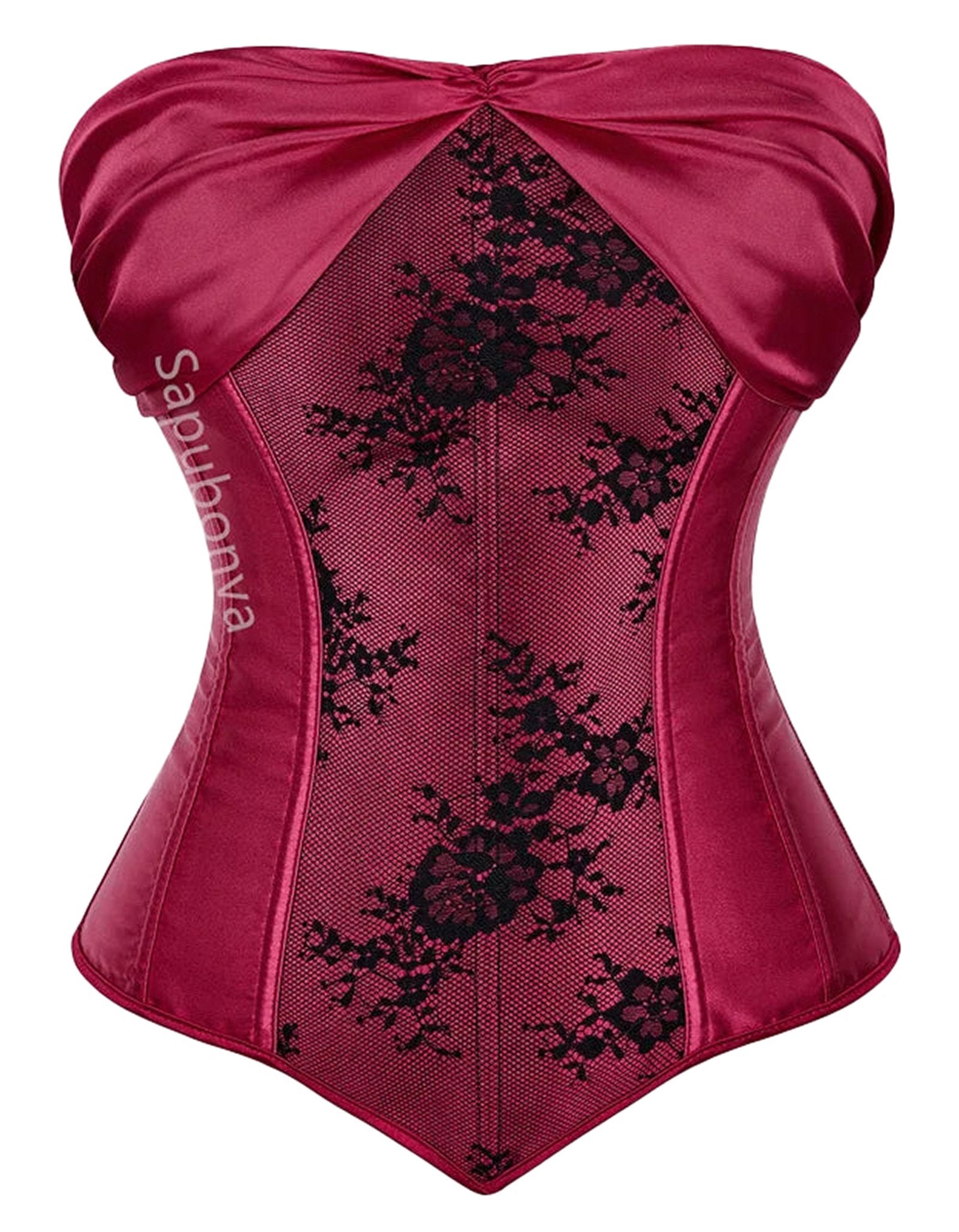 Elegant LuckeLadybug plus size corset top for women in burgundy satin with floral lace detailing