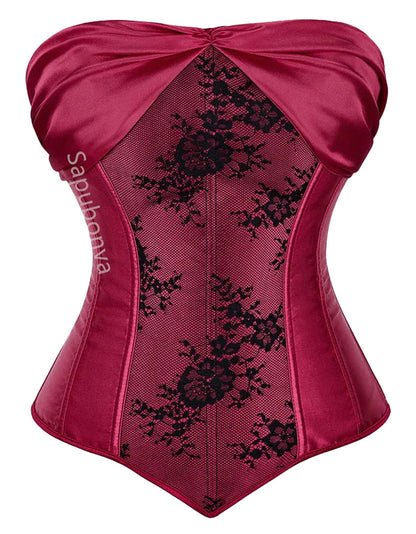 Elegant LuckeLadybug plus size corset top for women in burgundy satin with floral lace detailing