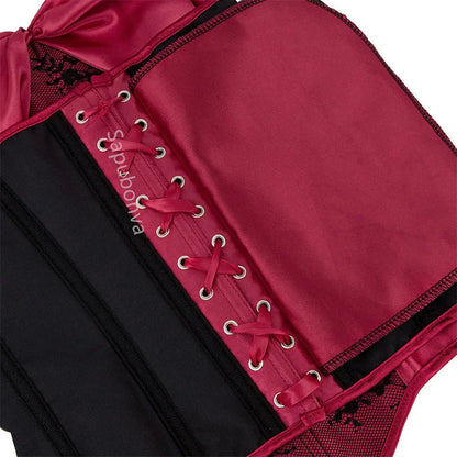 Elegant red satin plus size corset top for women featuring lace details and adjustable lacing