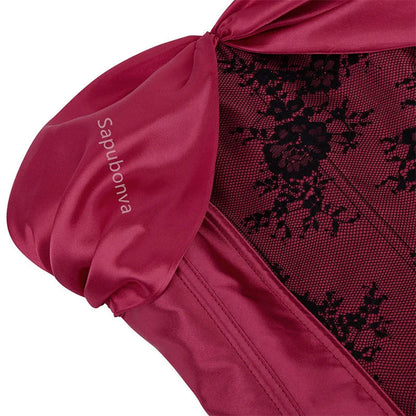 Luxurious burgundy plus size corset top for women featuring floral lace and satin finish