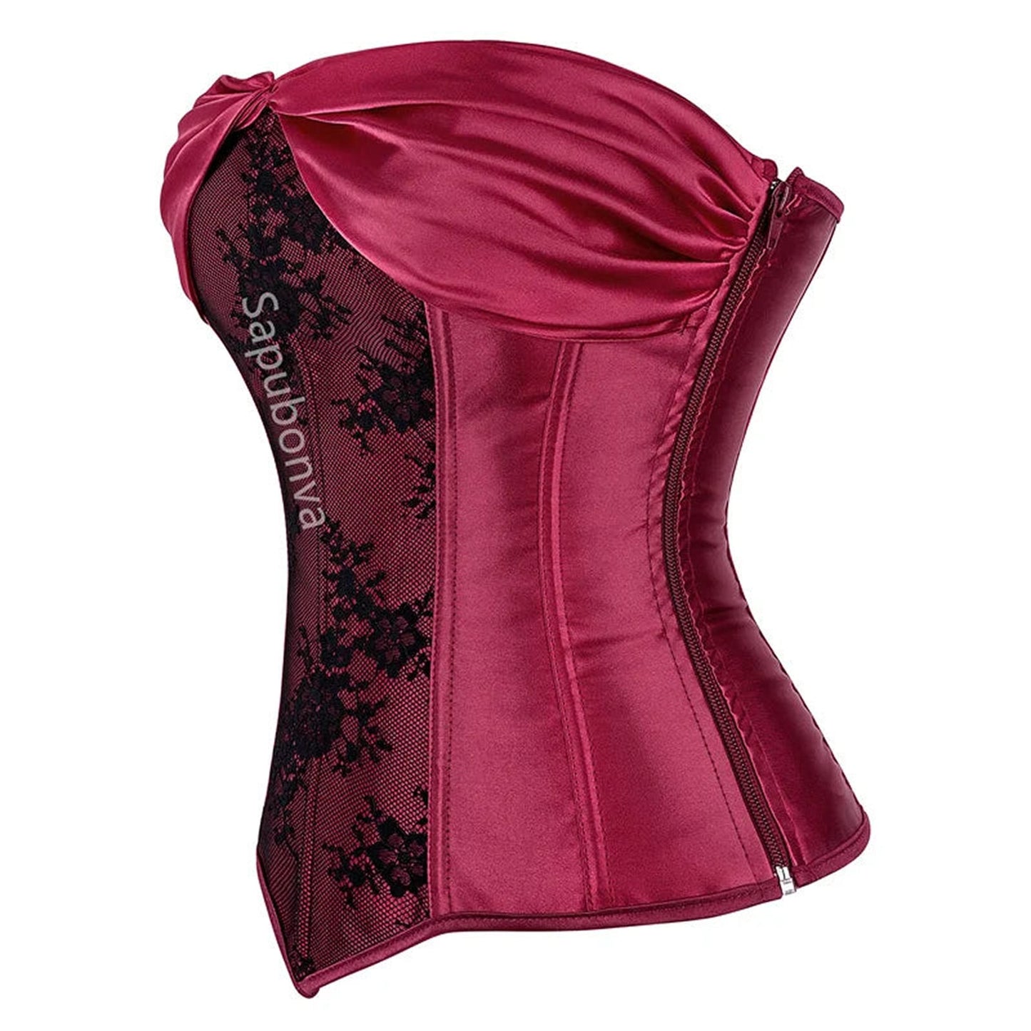 Elegant burgundy plus size corset top for women featuring lace detailing and a sleek design