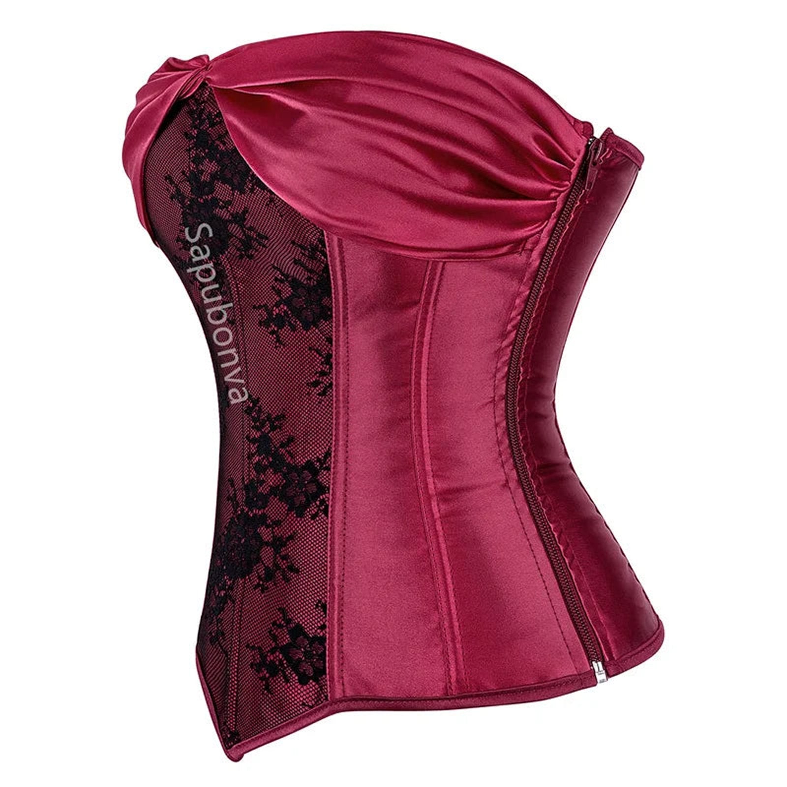 Elegant burgundy plus size corset top for women featuring lace detailing and a sleek design
