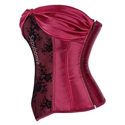 Elegant burgundy plus size corset top for women featuring lace detailing and a sleek design